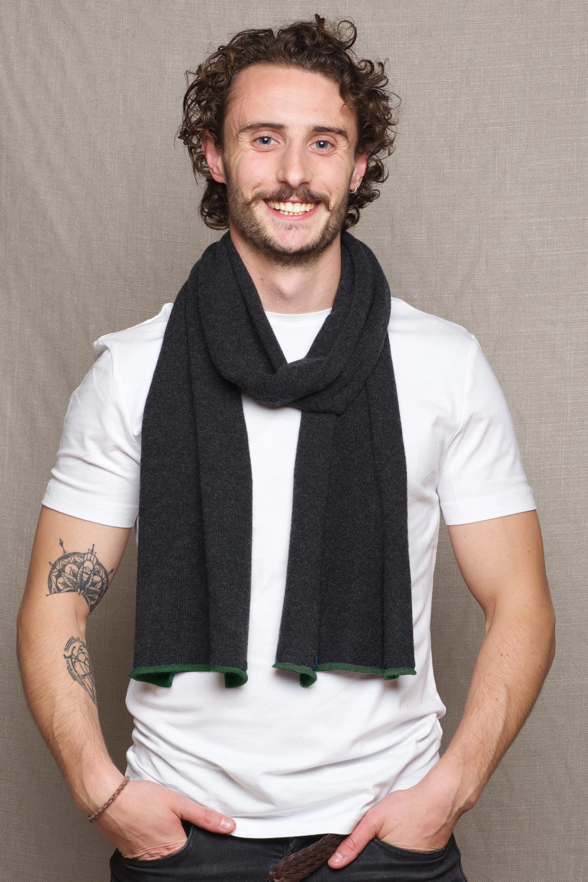 Luxury Mens Cashmere Scarf Grey and Green