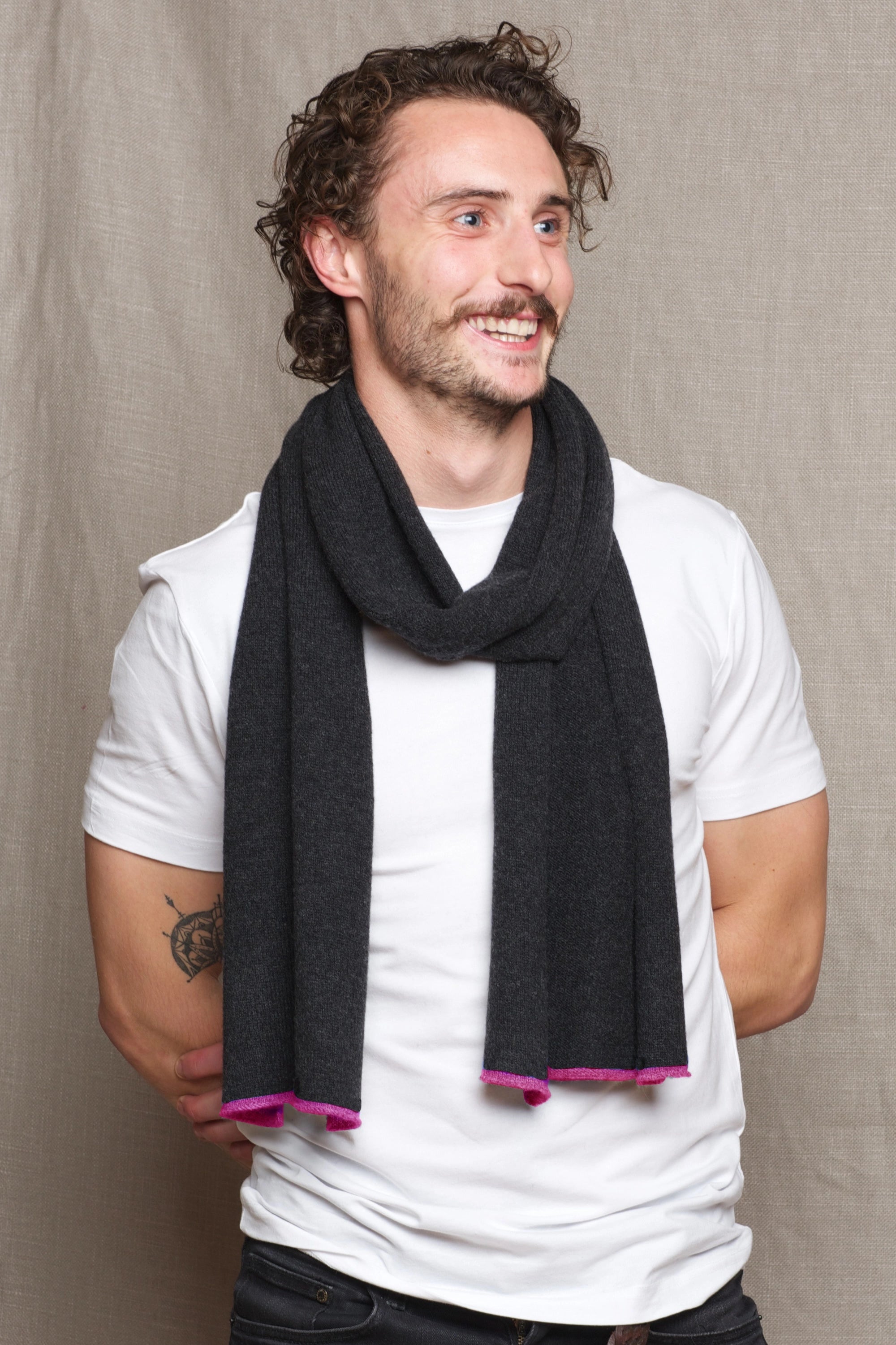 Luxury Mens Cashmere Scarf Grey and Pink