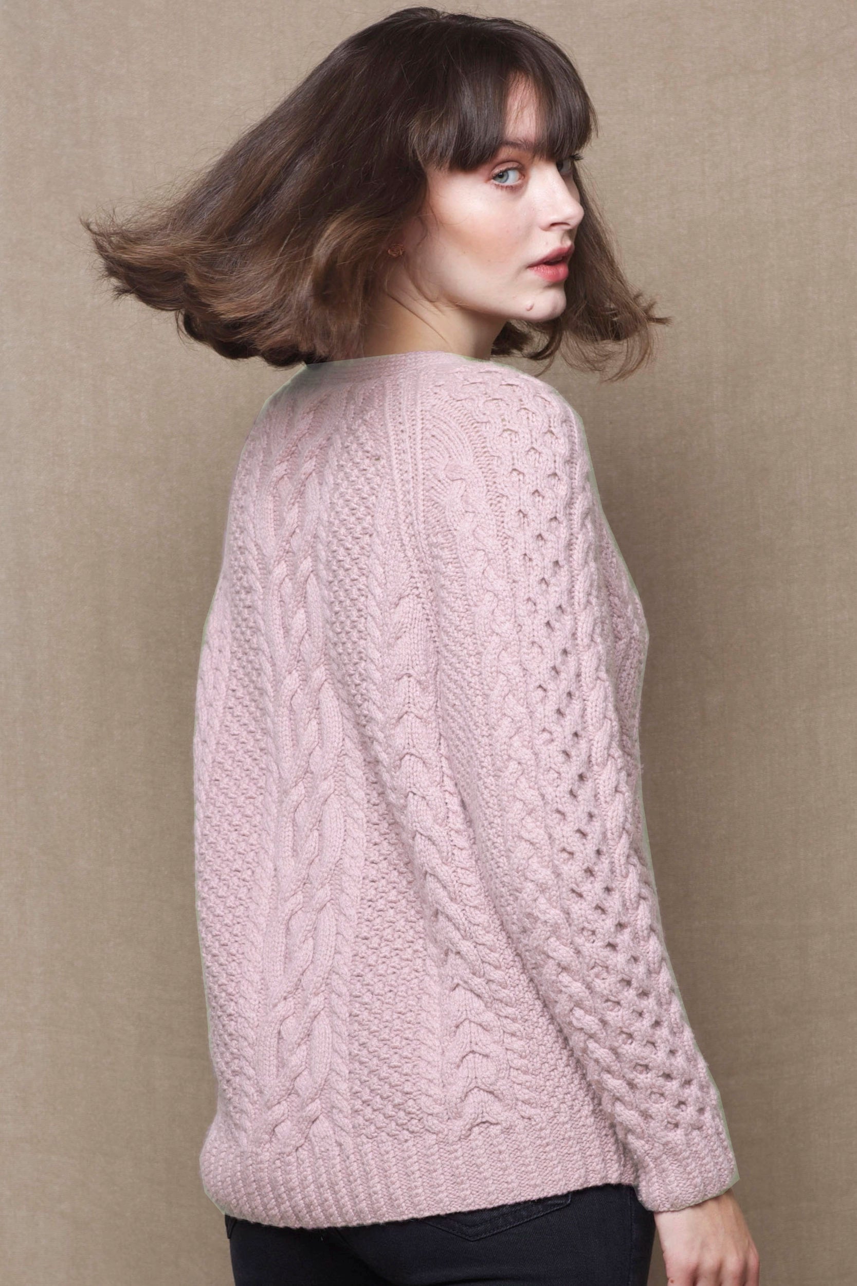 Luxury Cashmere Aran Irish Sweater in Pink