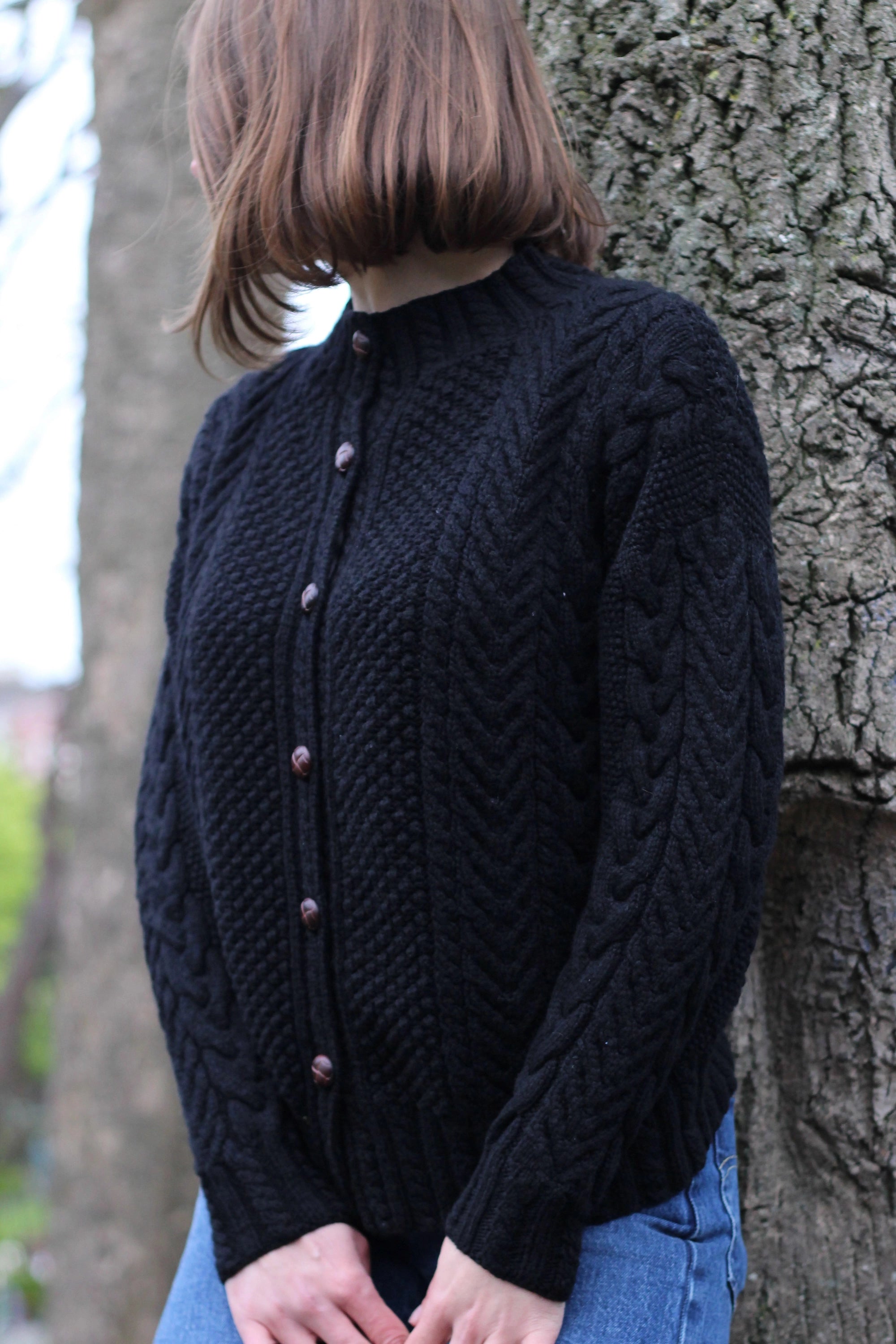 Cashmere Aran Knit Cardigan in Black