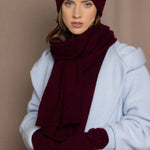 Cashmere Gloves in Burgundy with matching beanie hat and scarf