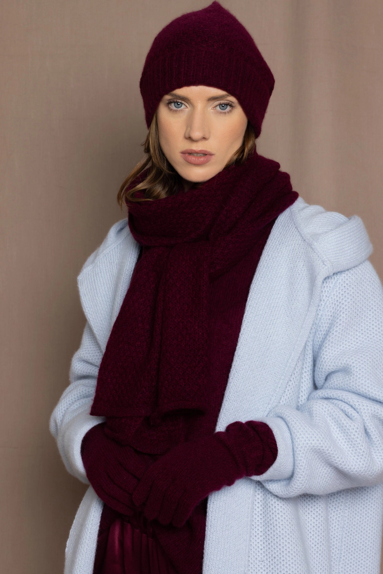 Cashmere Gloves in Burgundy with matching beanie hat and scarf