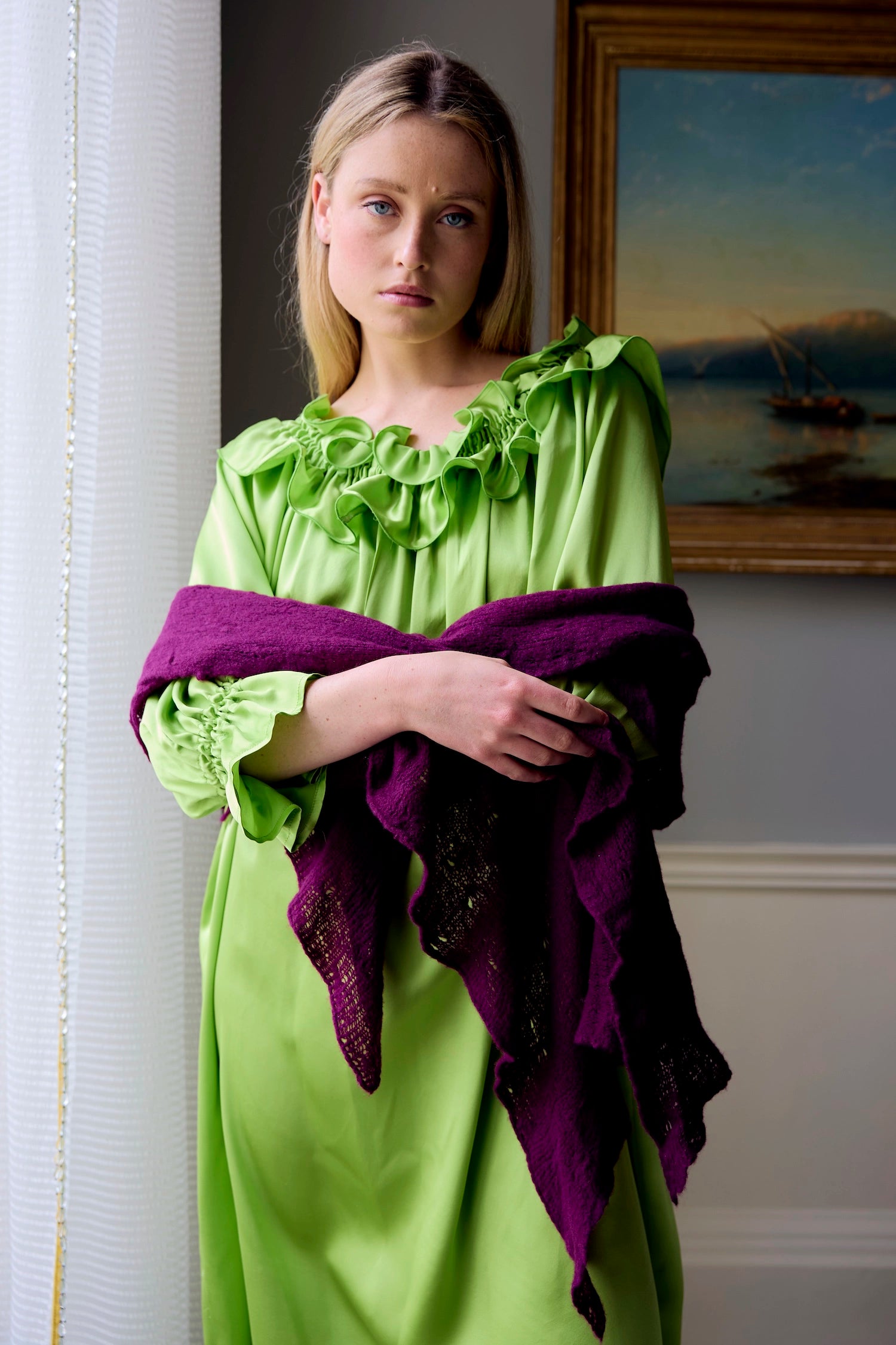 Woman in a purple 100% cashmere scarf wrap shawl
