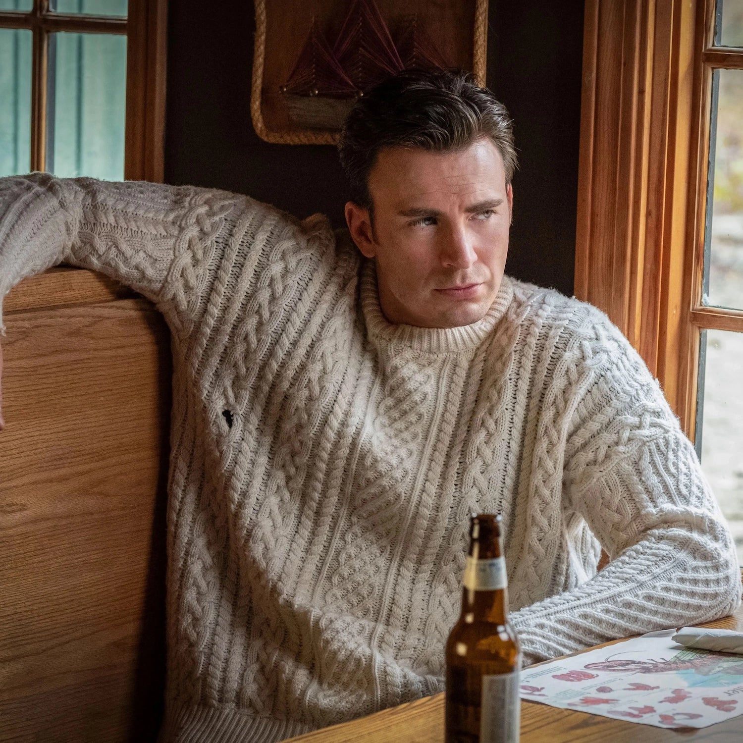 Chris Evans in Knives Out Aran Sweater