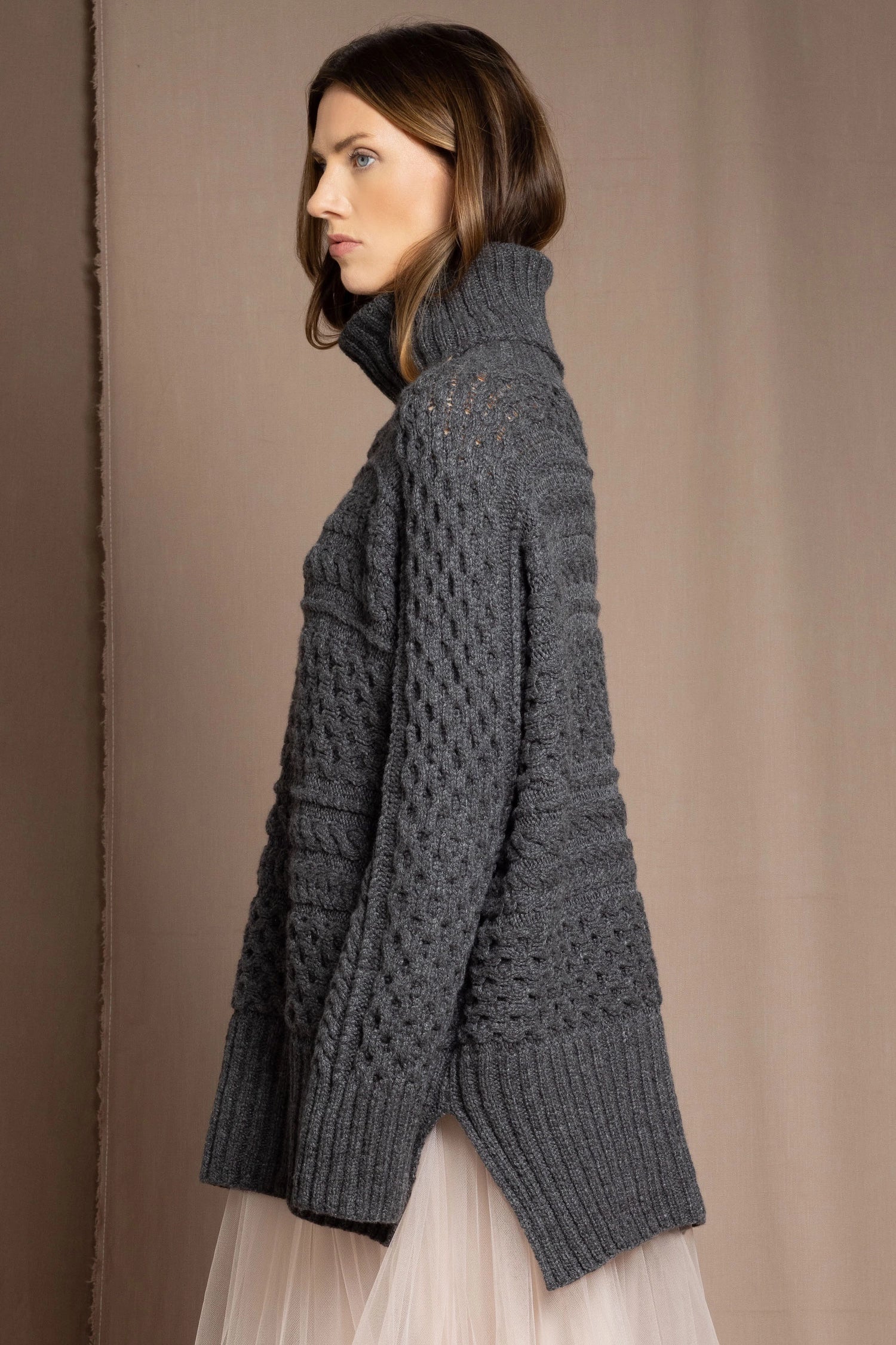 Oversized Cashmere Aran Sweater in Grey