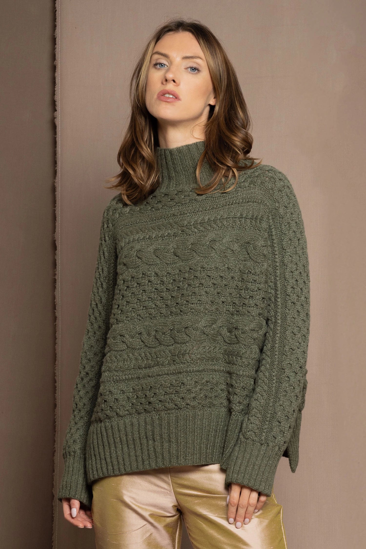 Irish Cashmere Aran Sweater in Green