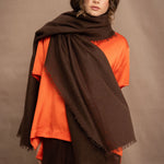 a woman wearing a lightweight cashmere wrap shawl in chocolate brown over a silk tee in bright orange and chocolate brown silk trousers
