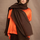 a woman wearing a lightweight cashmere wrap shawl in chocolate brown over a silk tee in bright orange and chocolate brown silk trousers