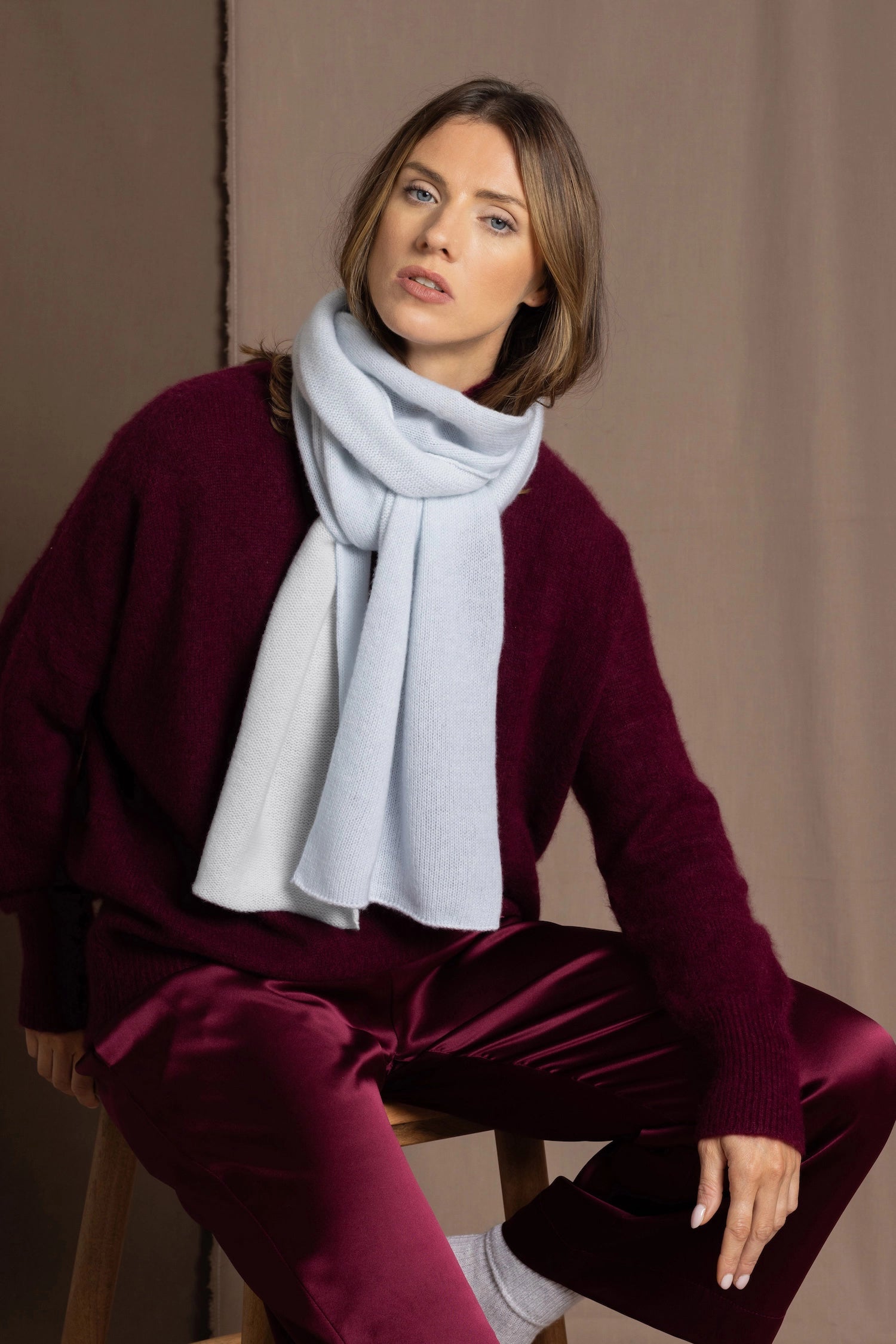 large cashmere wrap in pale blue and cream