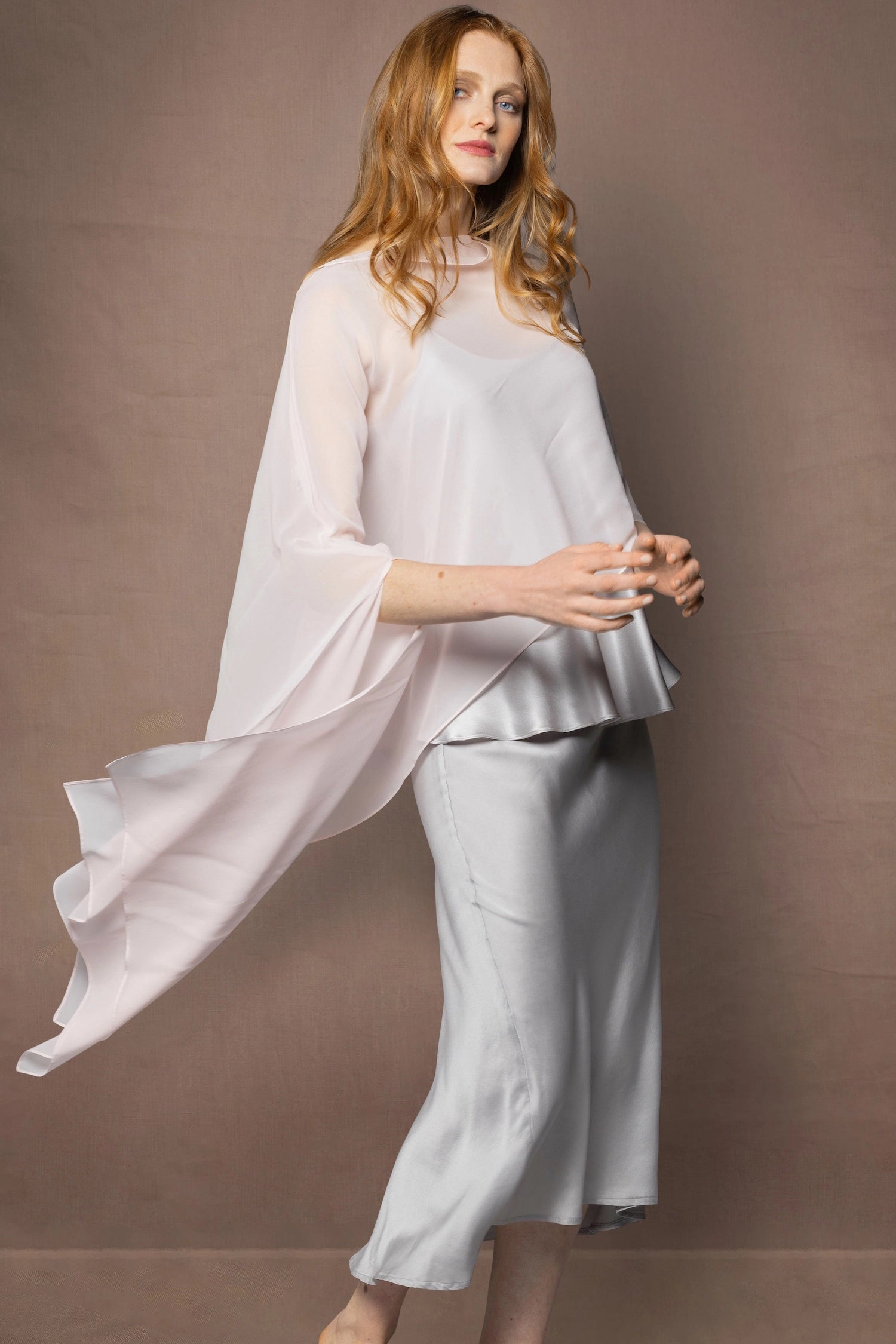 Georgette Silk Poncho Cape in Pale Pink