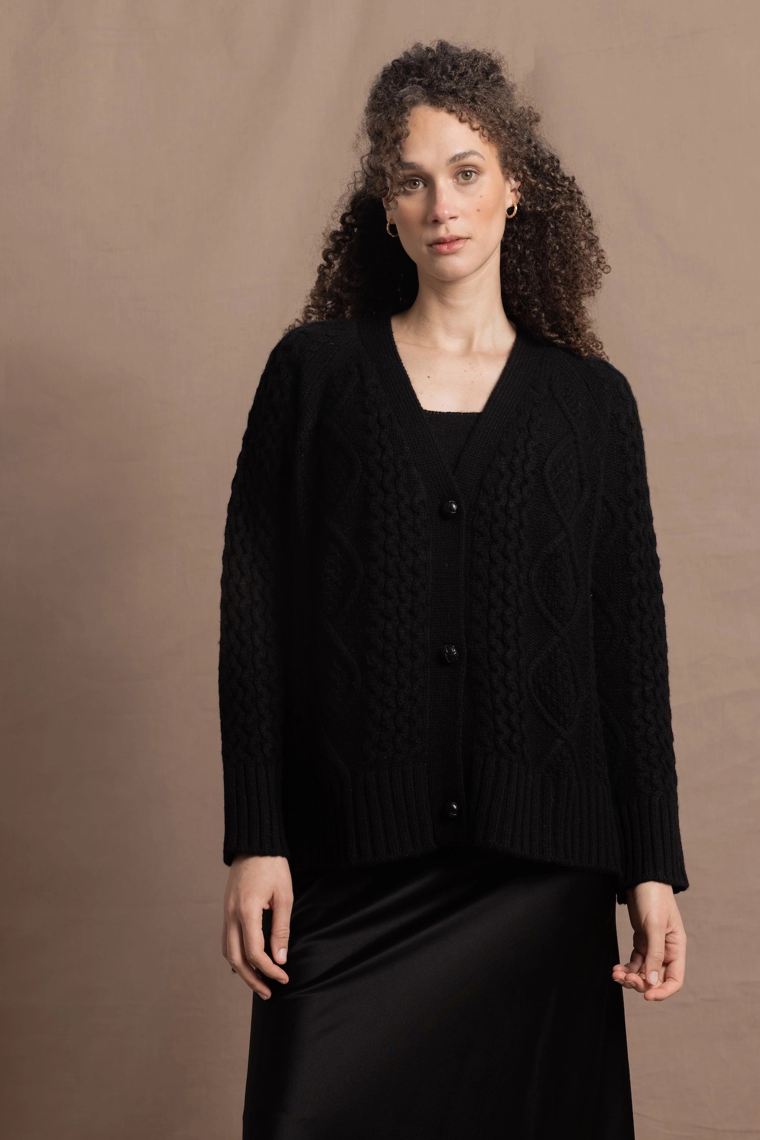 Authentic Irish 100% Cashmere Aran Cardigan Sweater in Black with Black Silk Skirt
