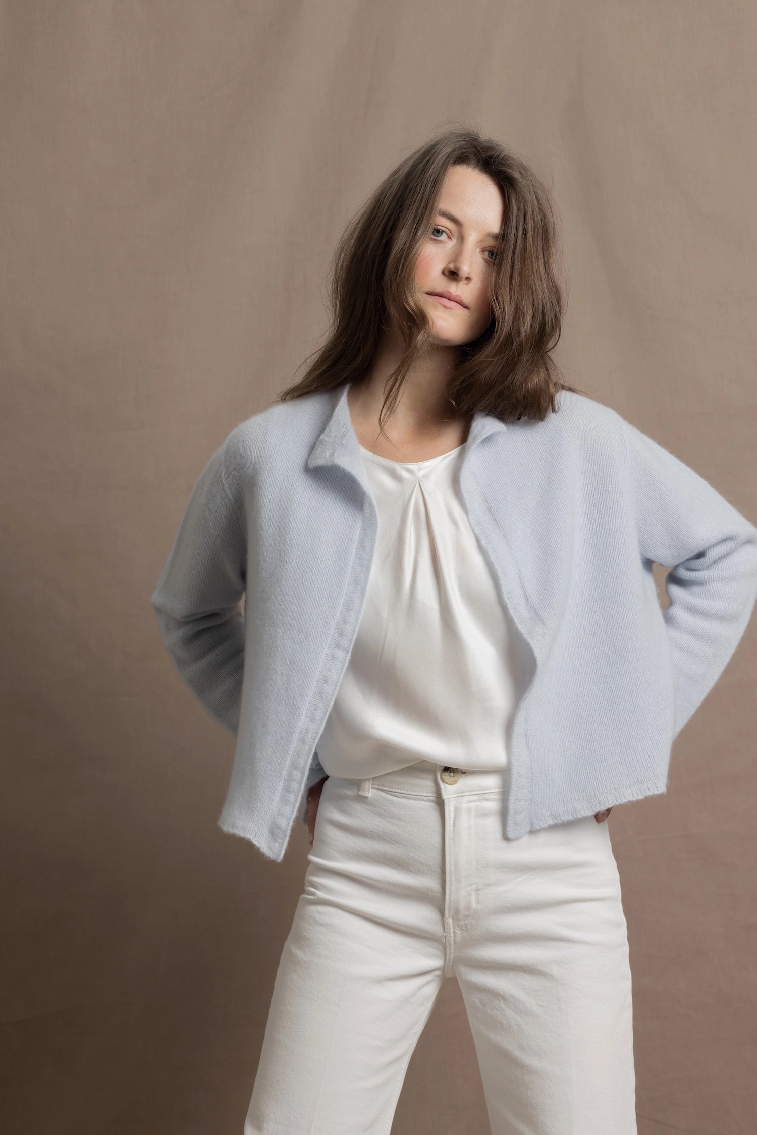 100% Cashmere Shawl Cardigan in Pale Blue 