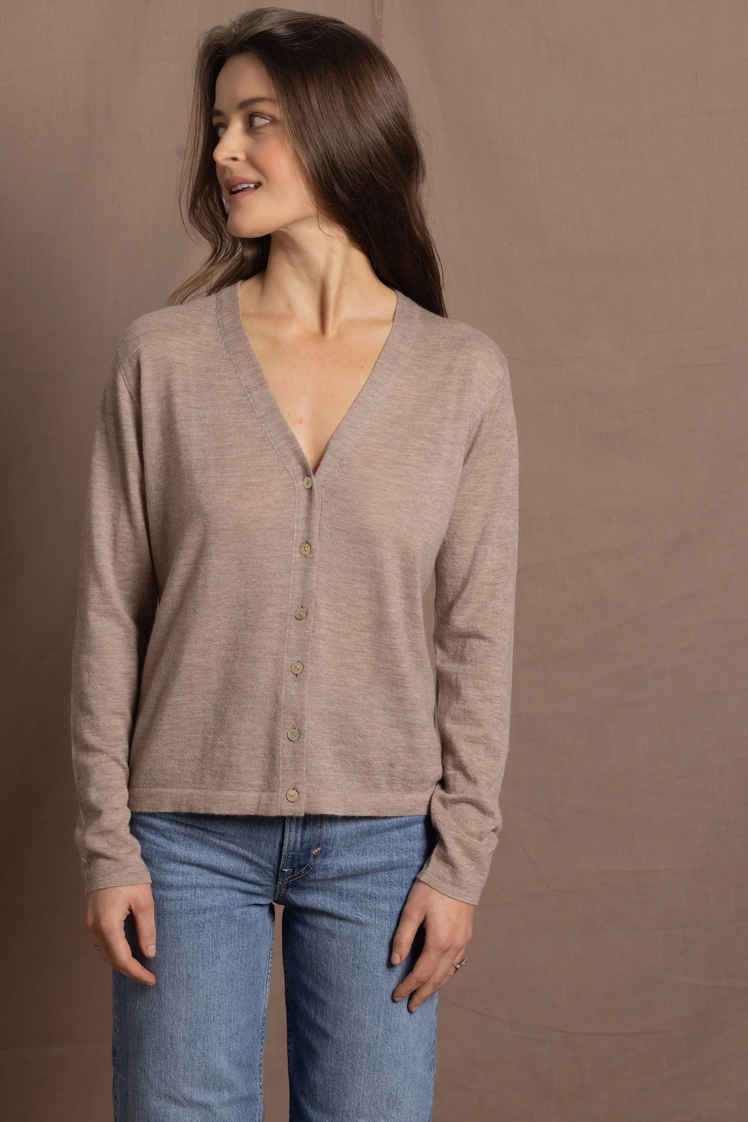 Lightweight Summer Cashmere Button Down V Neck Cardigan in Taupe