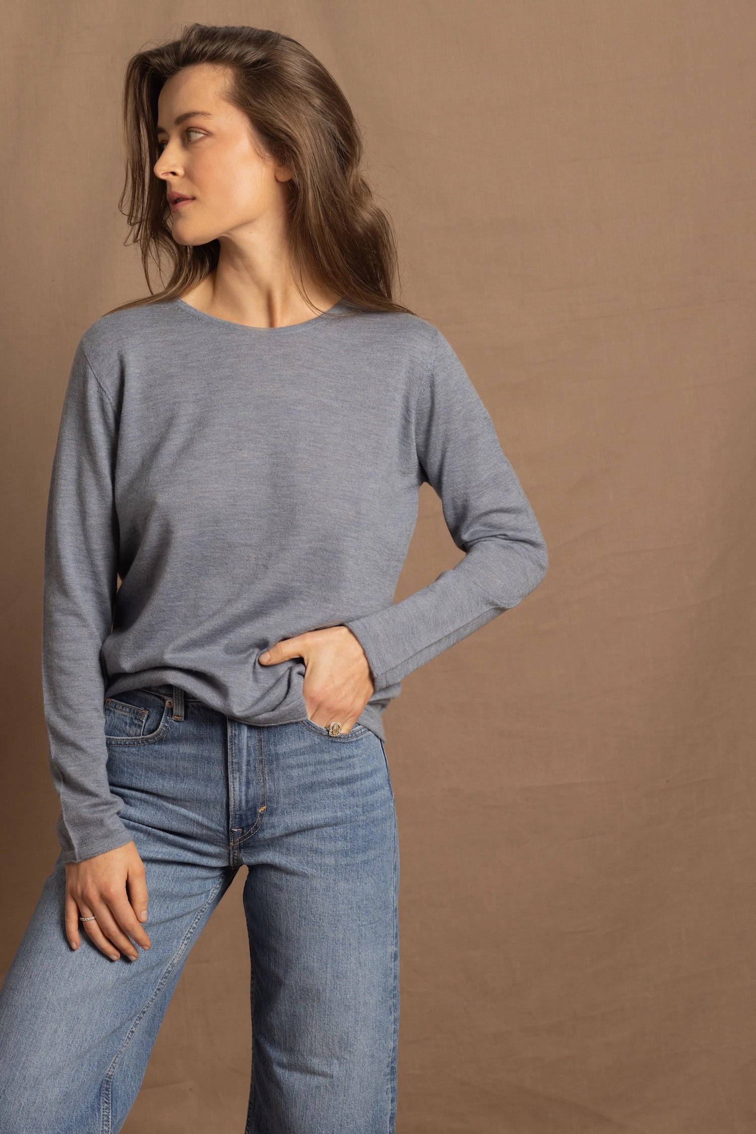 Lightweight Summer Cashmere Crew Neck Sweater in Heron Grey
