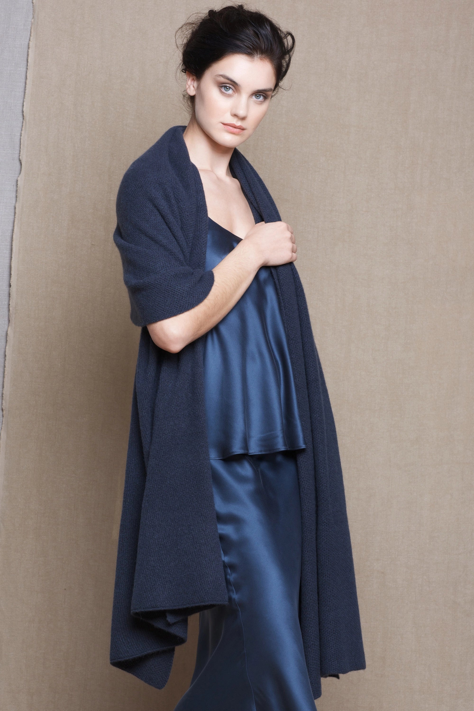 Luxury Large Cashmere Wrap Scarf in Ink Blue