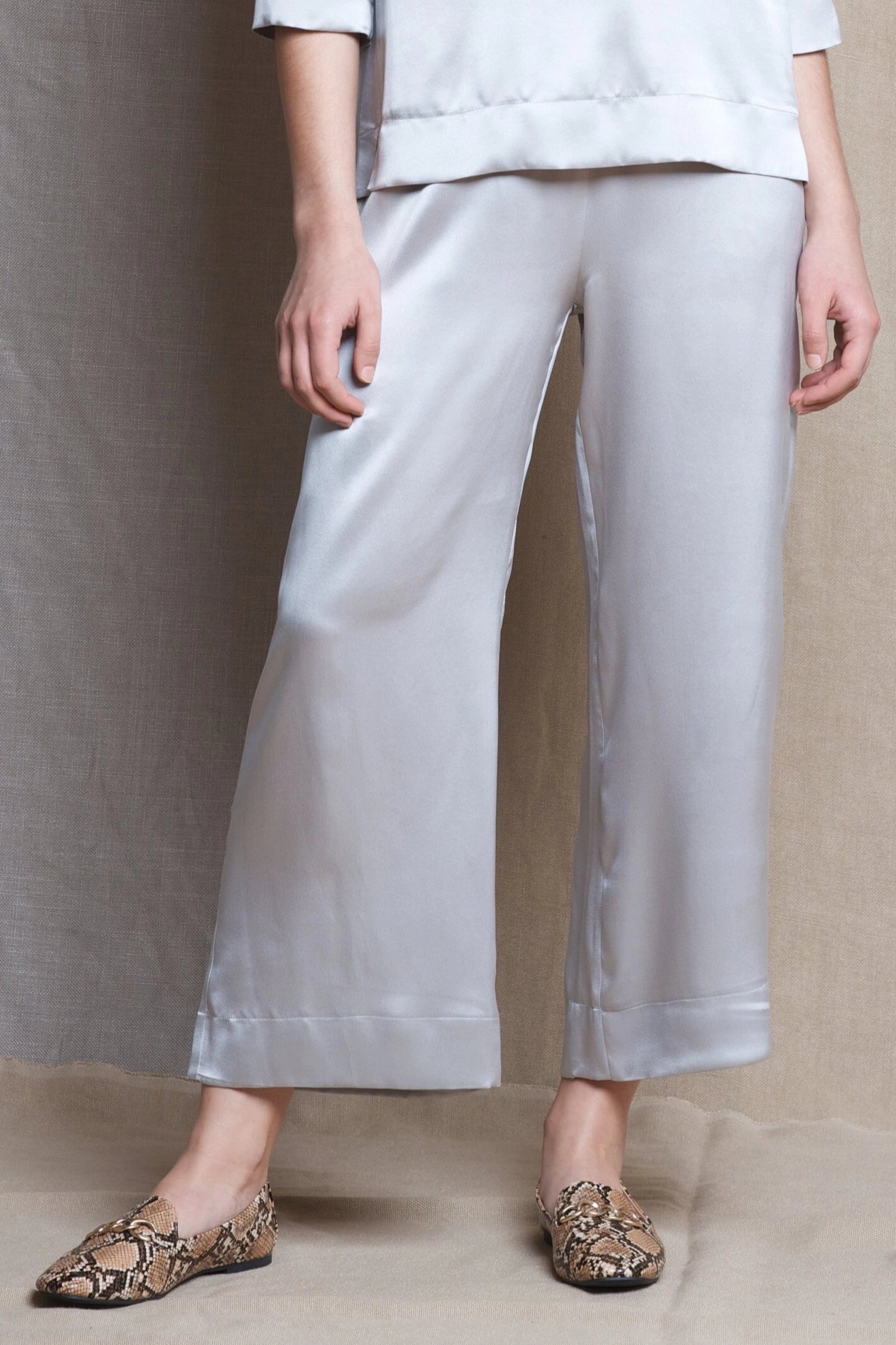 Luxury Wide Leg Silk Trousers in Silver
