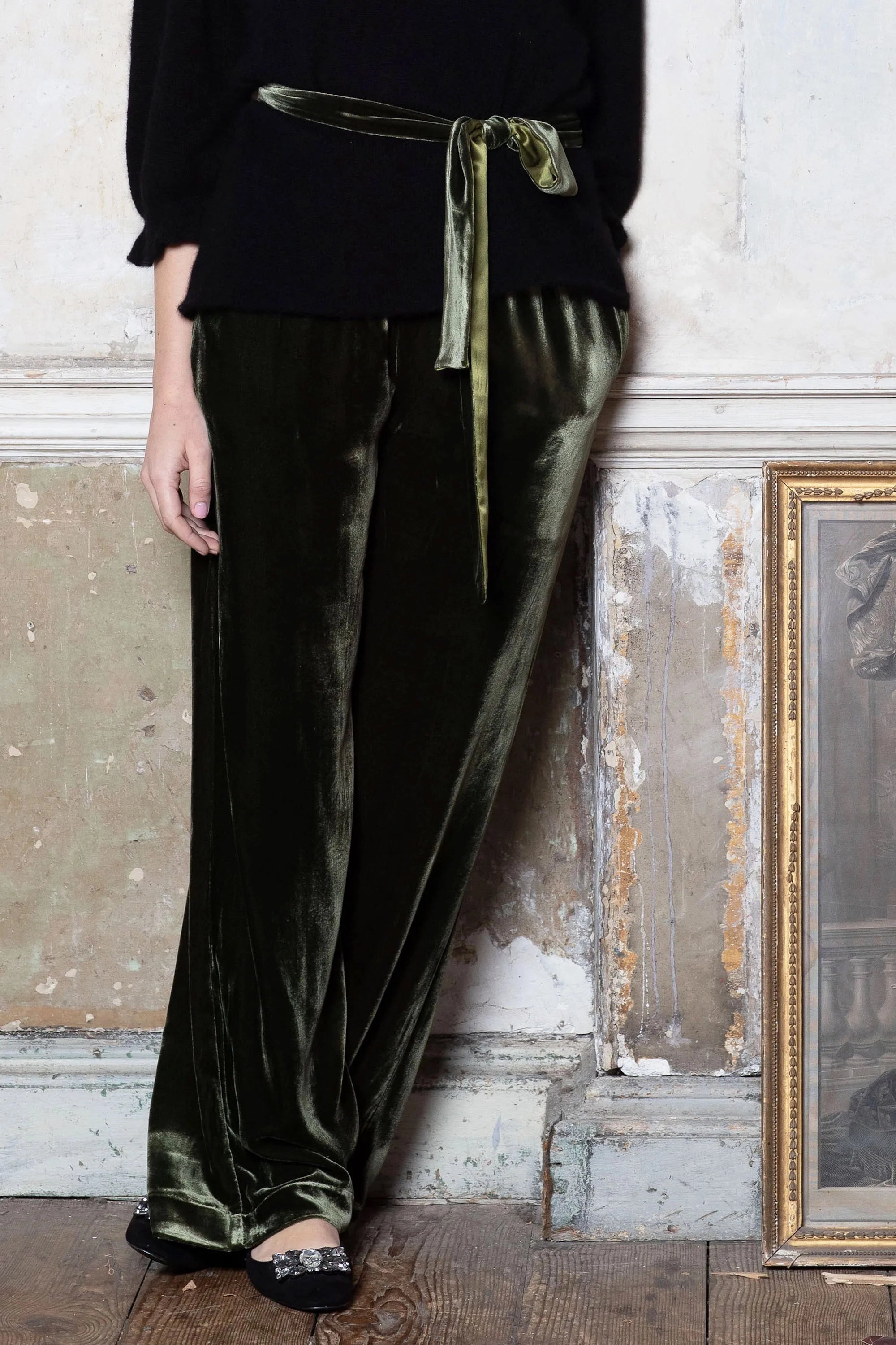 Green velvet wide leg pants hot sale