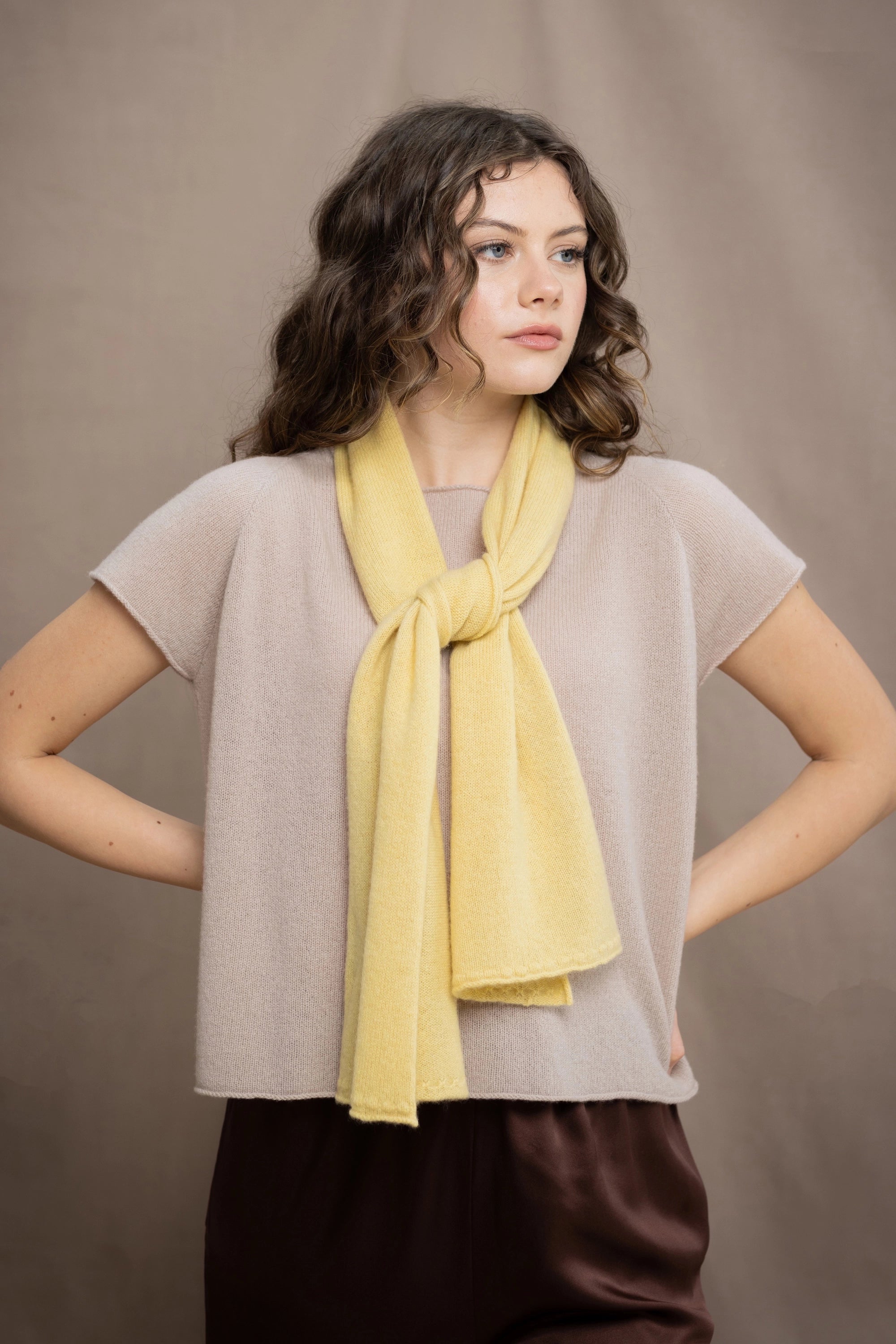 A woman wears a cashmere tee sweater in beige with a lemon yellow cashmere scarf and chocolate brown silk pant trousers from Ireland
