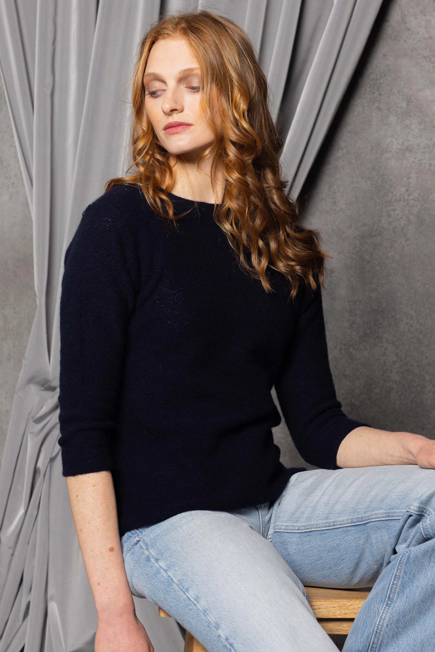 Lace Knitted Crew Neck Sweater in Navy Blue