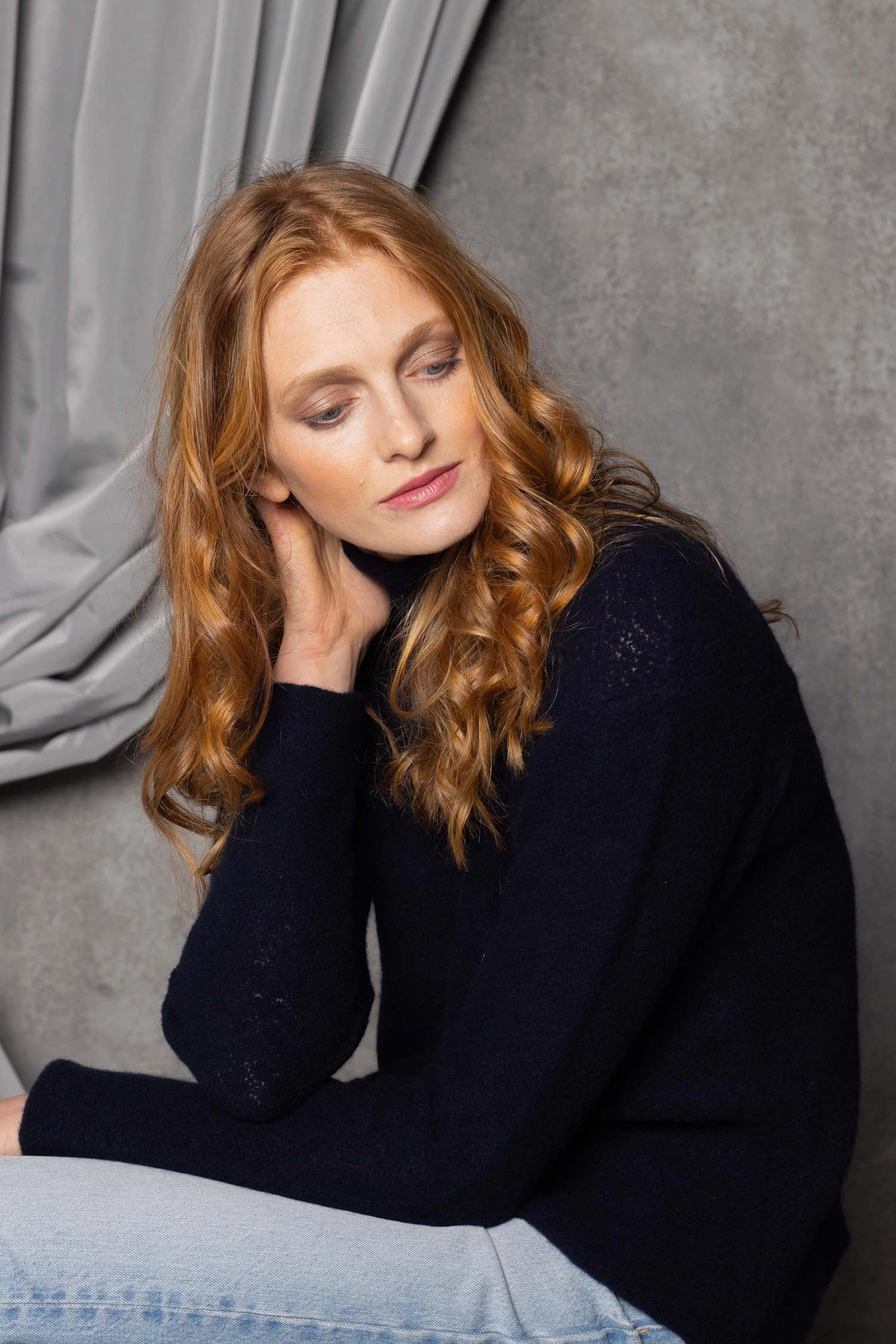 Lace Cashmere Turtleneck Sweater in Navy