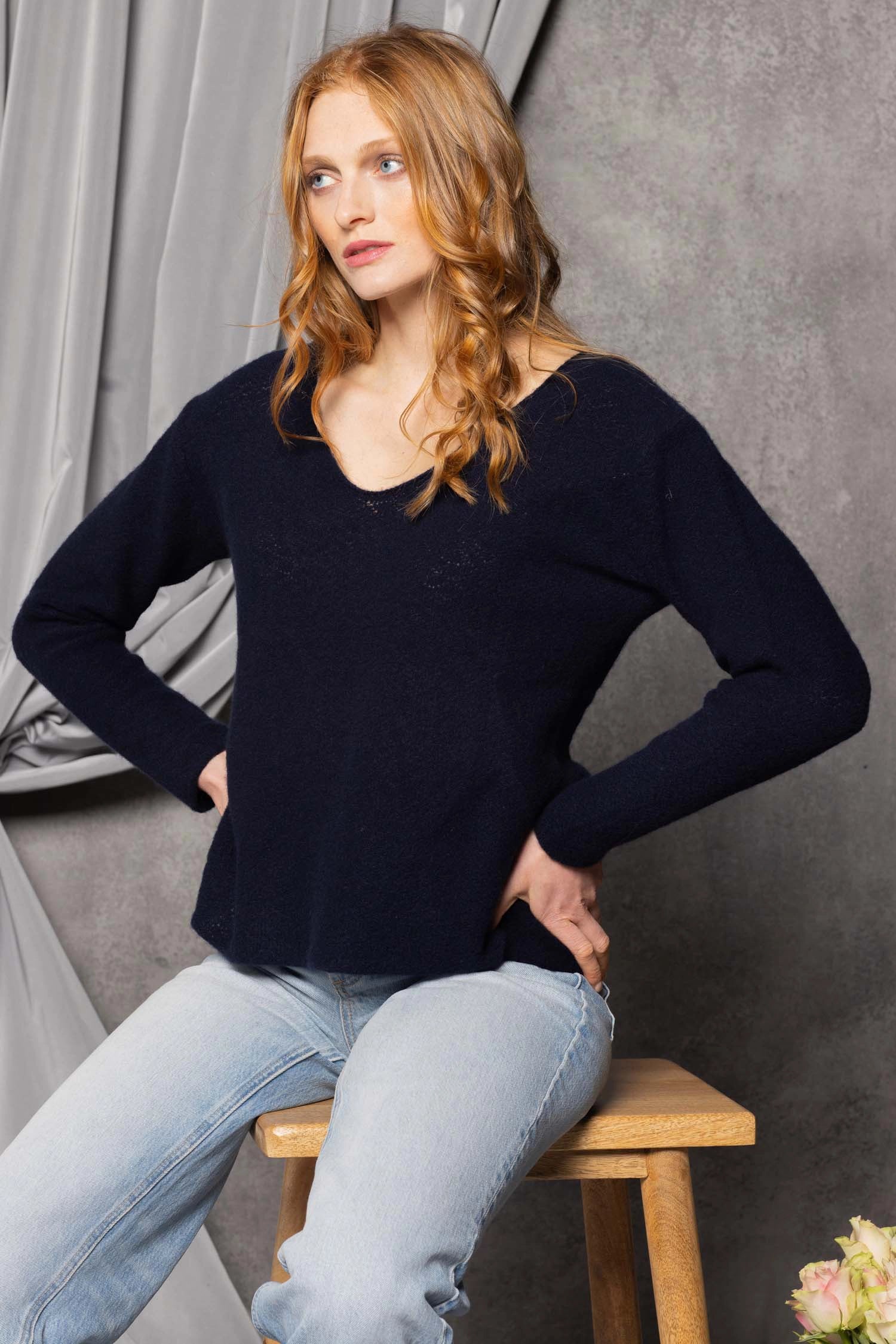 Lace Cashmere V Neck Sweater in Navy