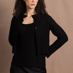 a cashmere lace cardigan sweater in black  with black silk skirt