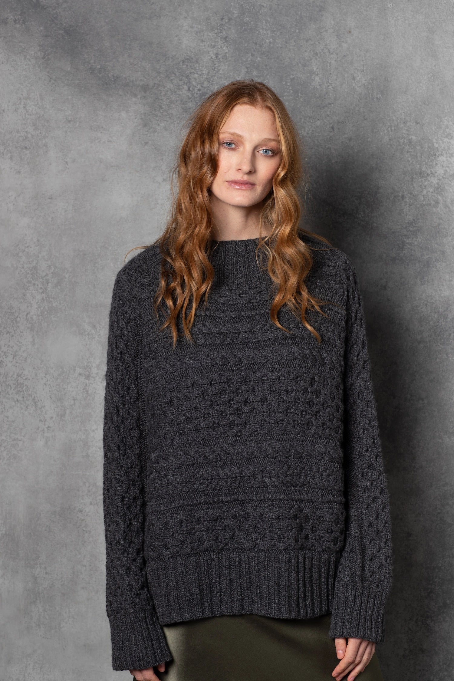 Luxury Cashmere Irish Aran Sweater in grey