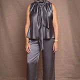 Síoda Pussy Bow Silk Top | Pewter