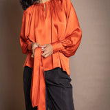 Síoda Balloon Sleeve Pussy Bow Silk Top | Autumn Orange