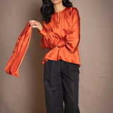 Síoda Balloon Sleeve Pussy Bow Silk Top | Autumn Orange