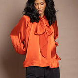 Síoda Balloon Sleeve Pussy Bow Silk Top | Autumn Orange