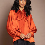 Síoda Balloon Sleeve Pussy Bow Silk Top | Autumn Orange
