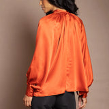 Síoda Balloon Sleeve Pussy Bow Silk Top | Autumn Orange