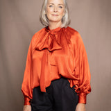 Síoda Balloon Sleeve Pussy Bow Silk Top | Autumn Orange