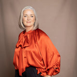 Síoda Balloon Sleeve Pussy Bow Silk Top | Autumn Orange