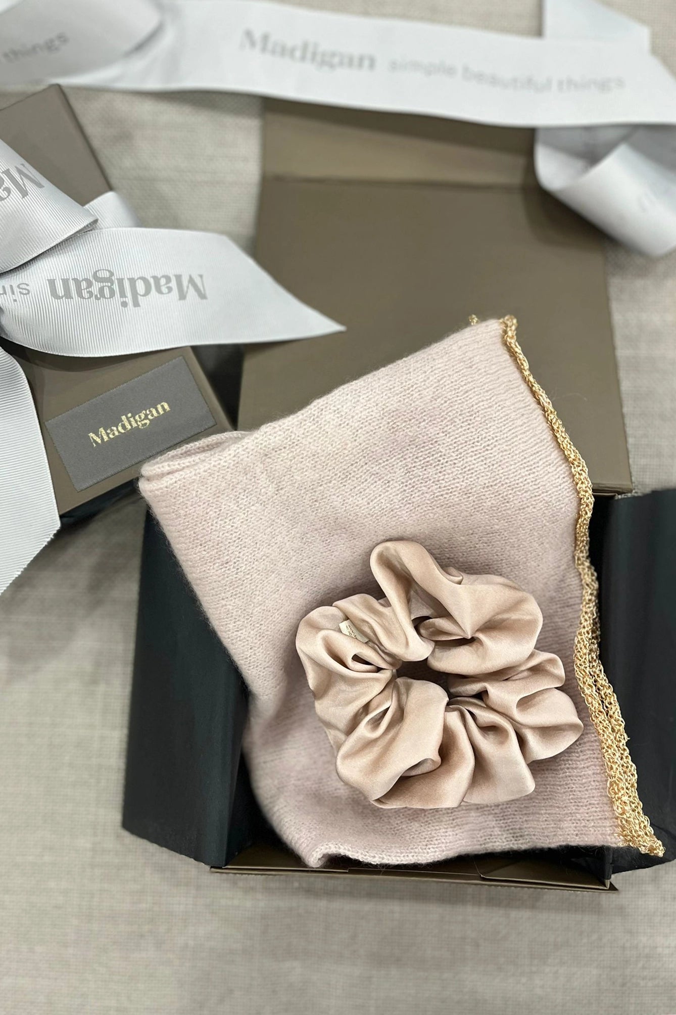 Luxury Silk Hair Scrunchie and Cashmere Scarf Gift Set in Neutral