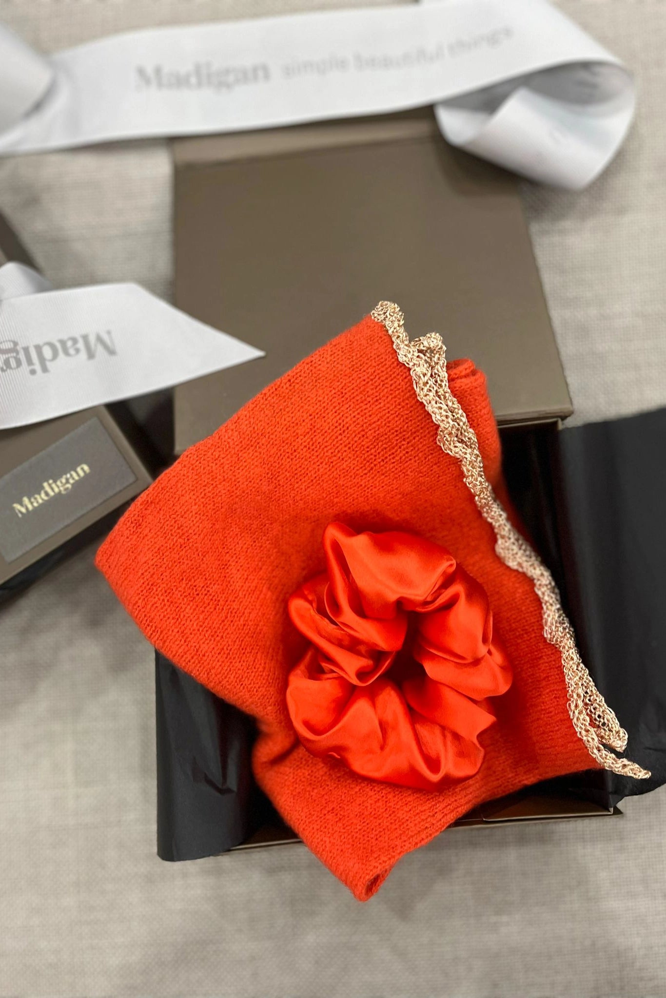 Luxury Silk Hair Scrunchie and Cashmere Scarf Gift Set in Orange