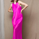 Long Silk Dress in Bright Neon Pink