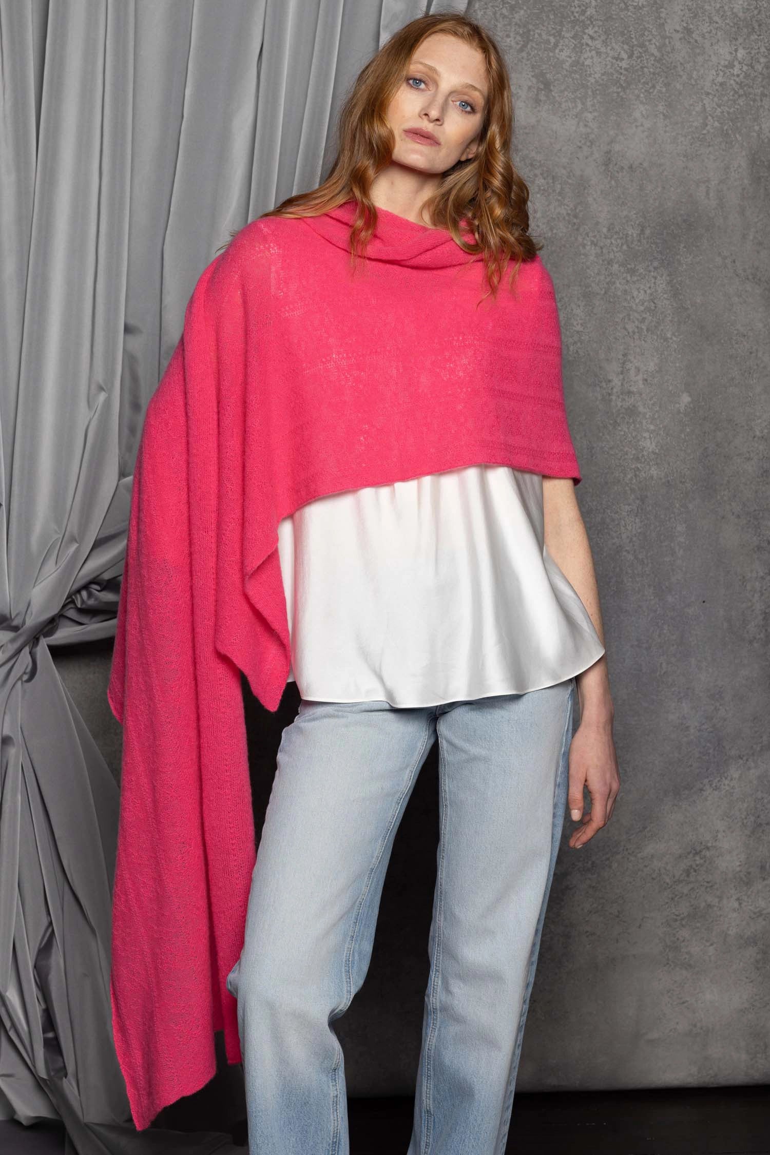 Cashmere Lace Pointelle Summer Wrap in Pink