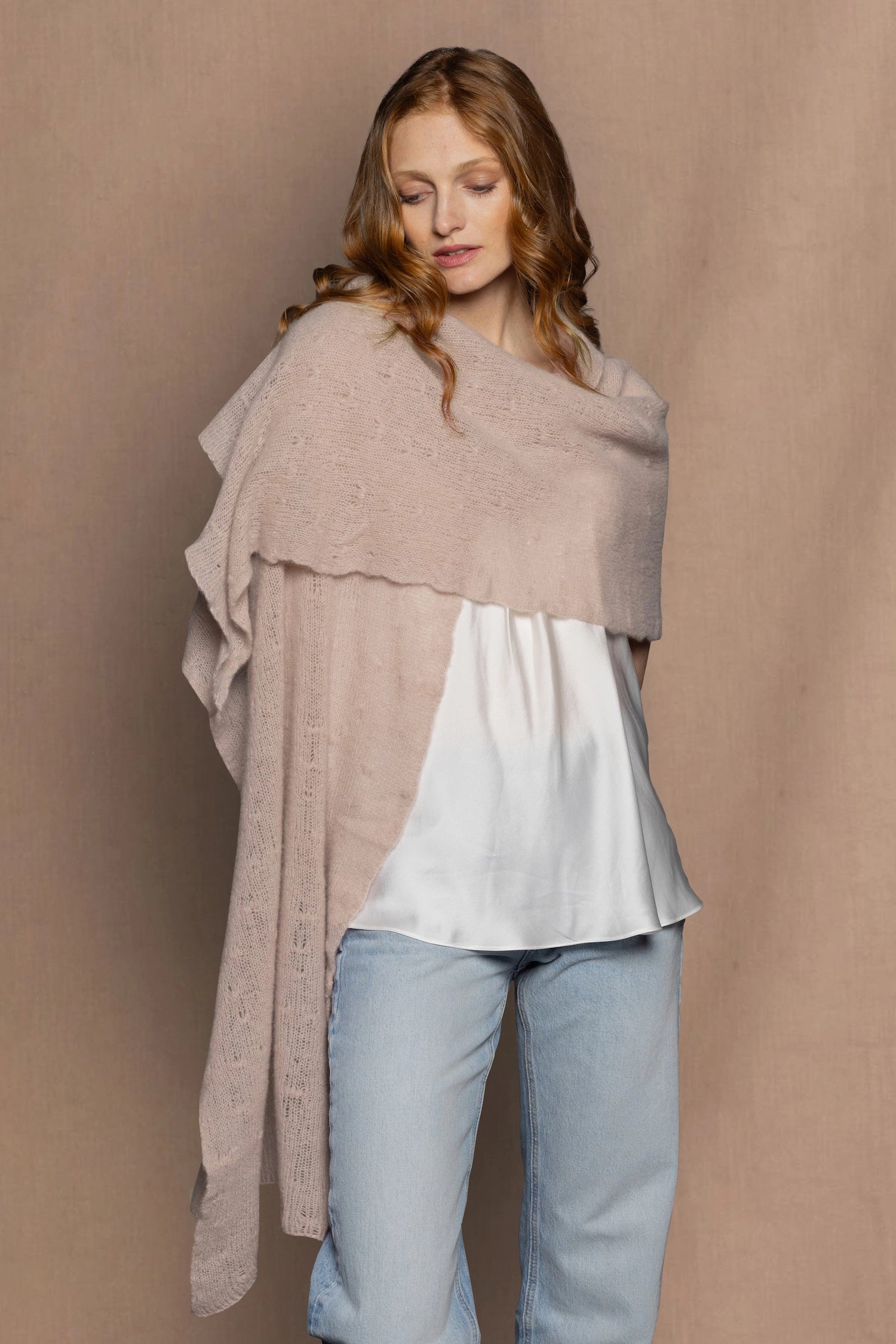 Large lace cashmere wrap scarf in beige