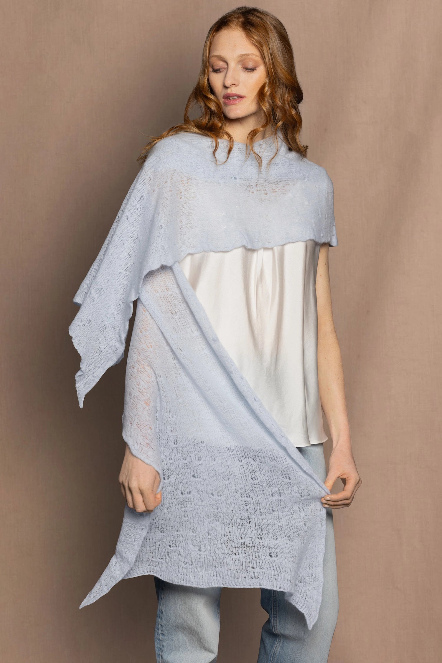 Lace Lightweight Cashmere Wrap Scarf in Pale Blue