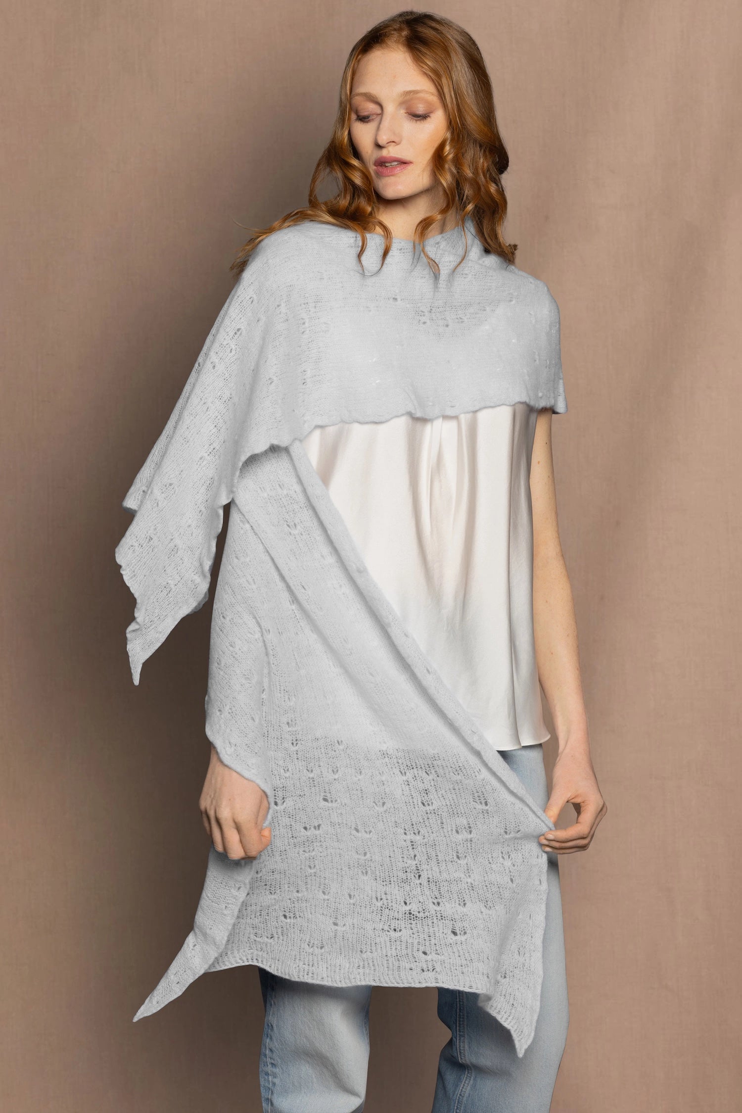 Lace Lightweight Cashmere Wrap Shawl in Pale Grey