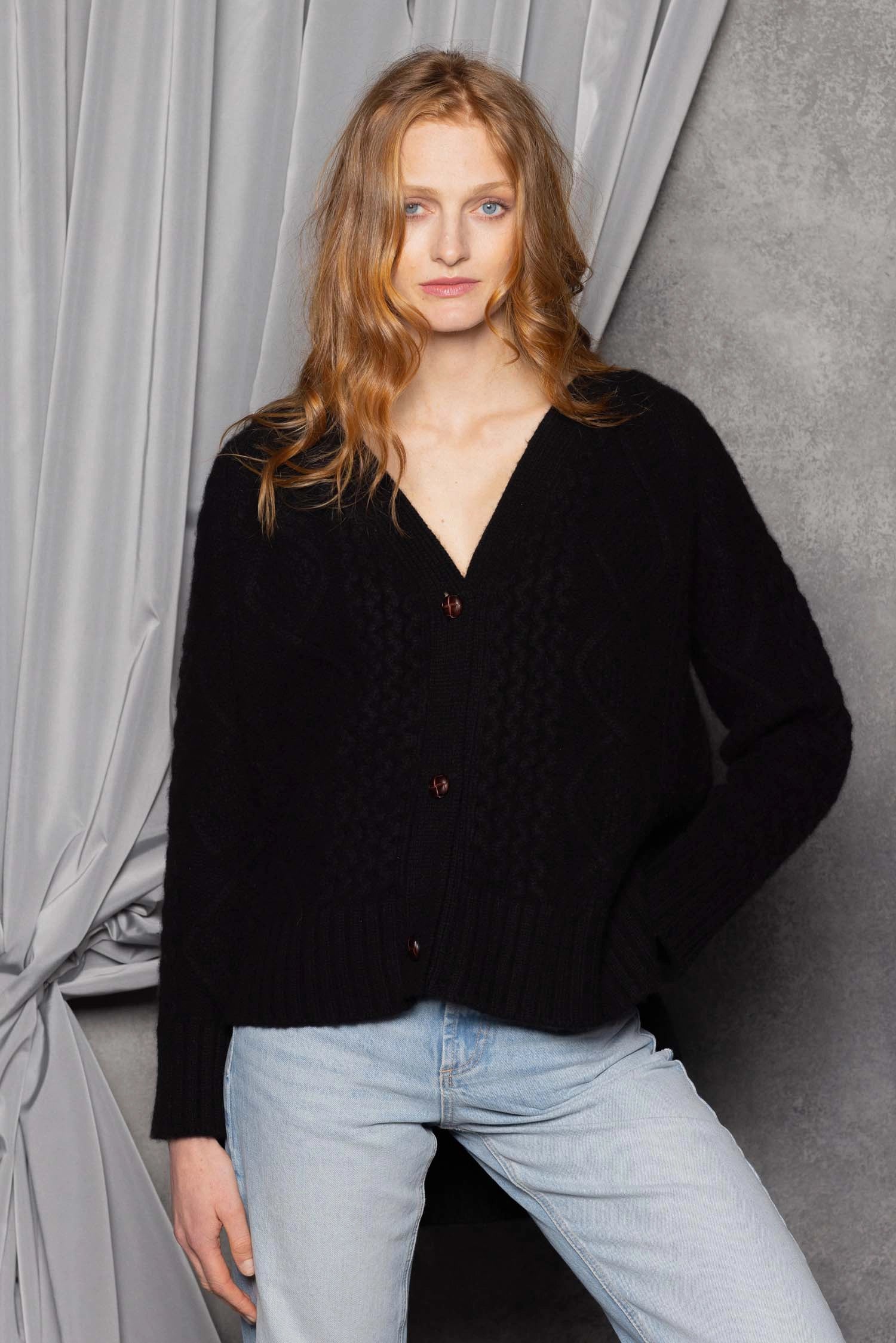 Cashmere Aran Cardigan Sweater in Black