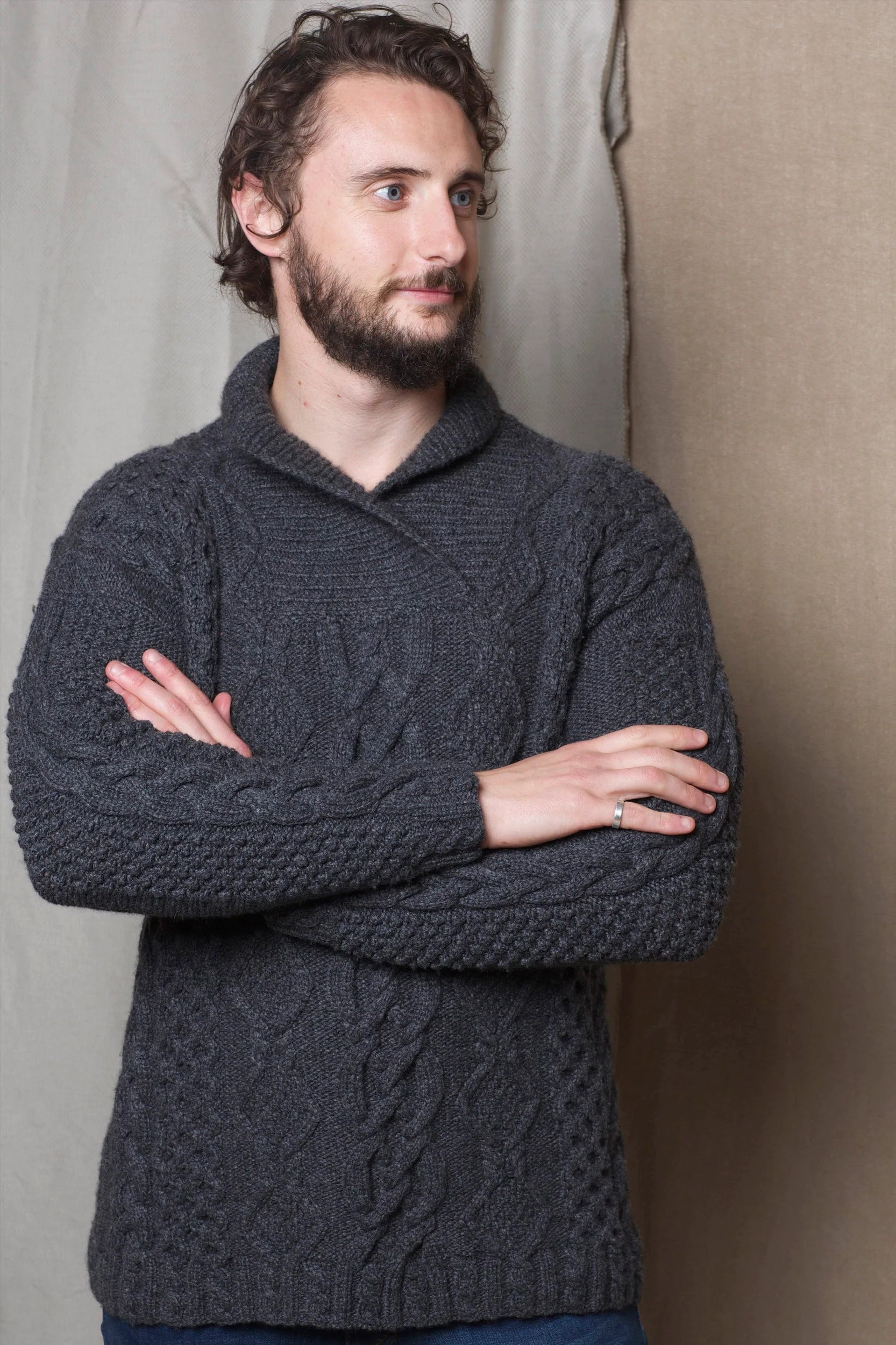 Luxury Cashmere Aran Sweater Mens in Grey