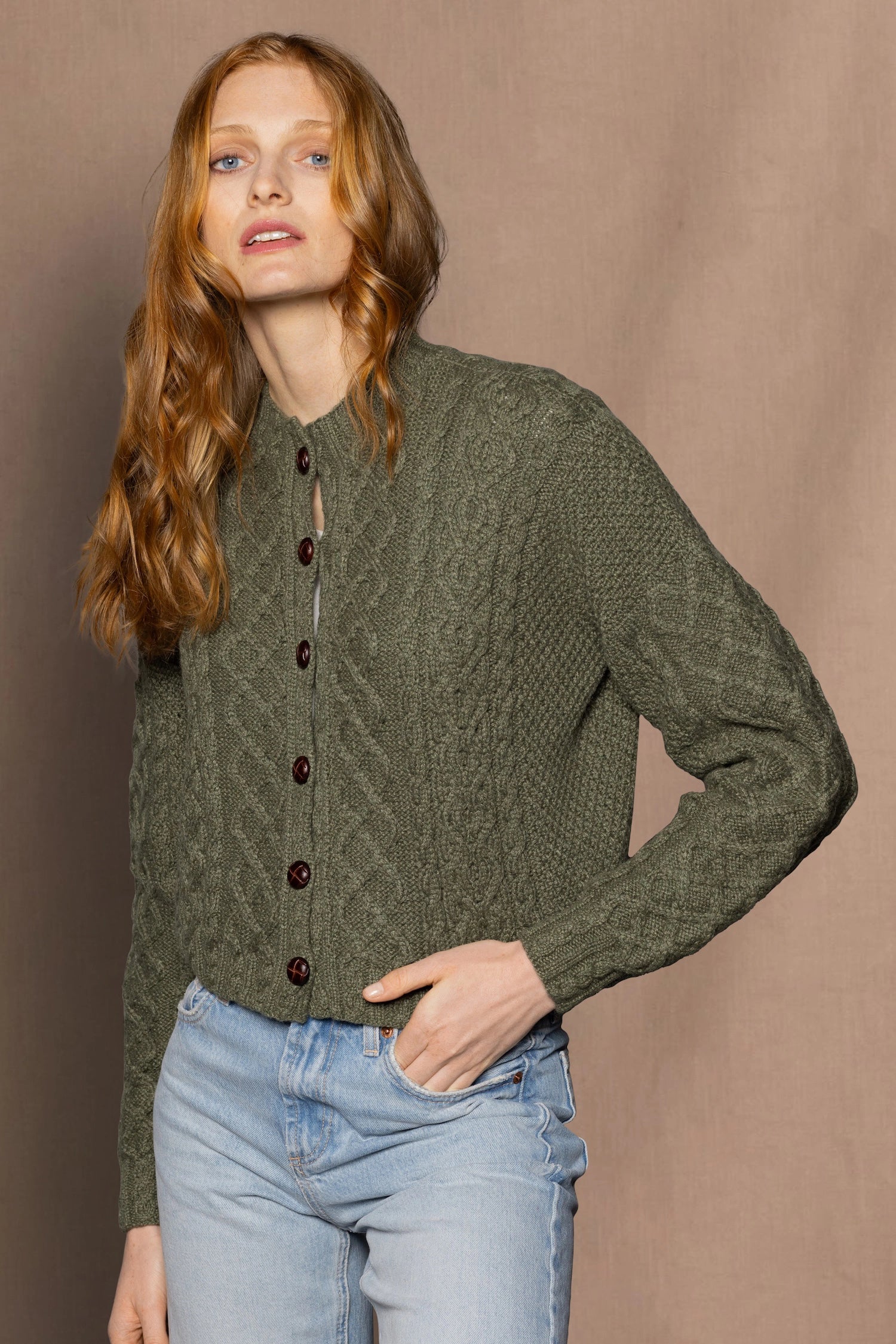 Luxury Cashmere Aran Cardigan Sweater with buttons in Green