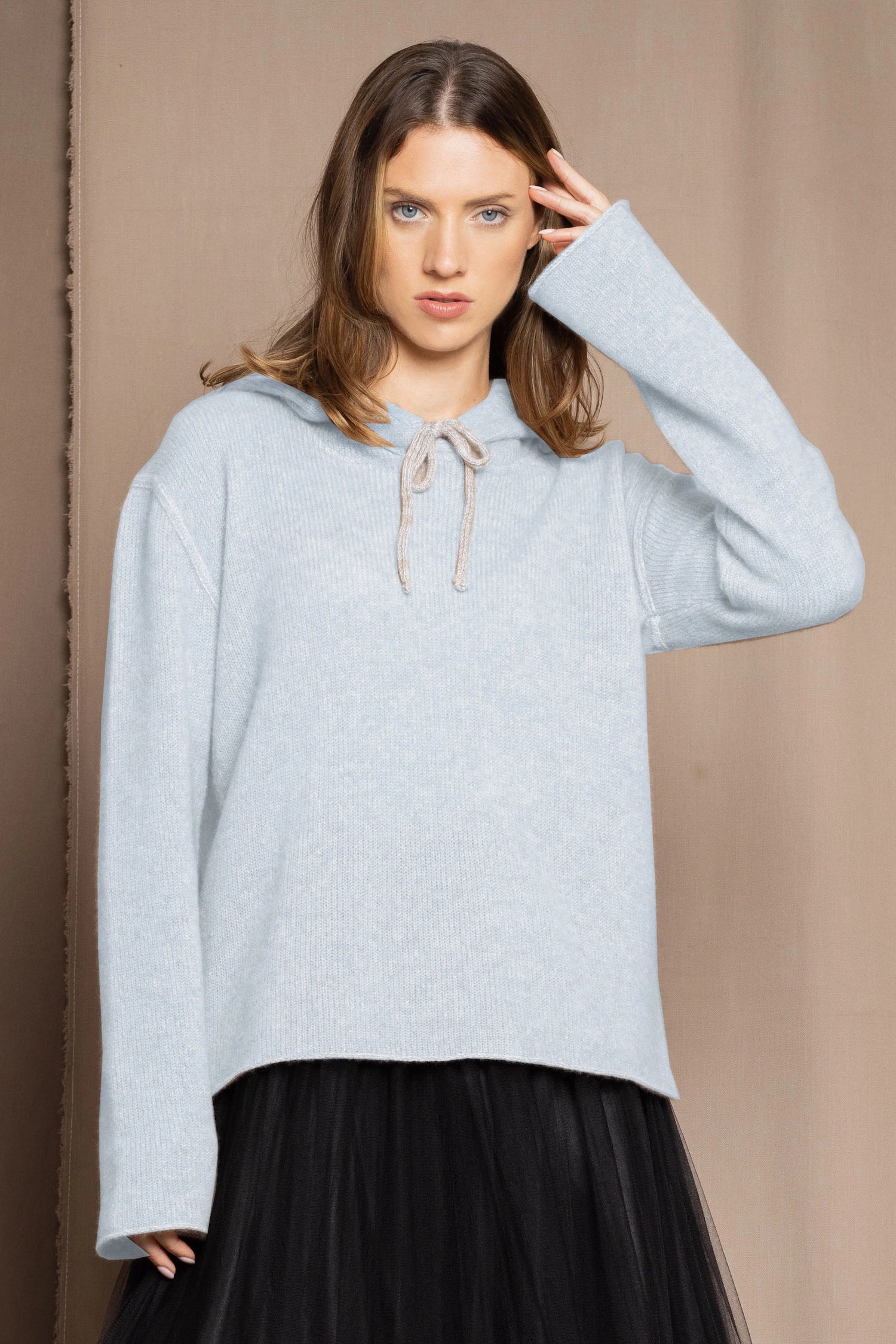 cashmere hoodie sweater in pale blue