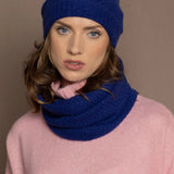 blue cashmere snood with matching beanie hat