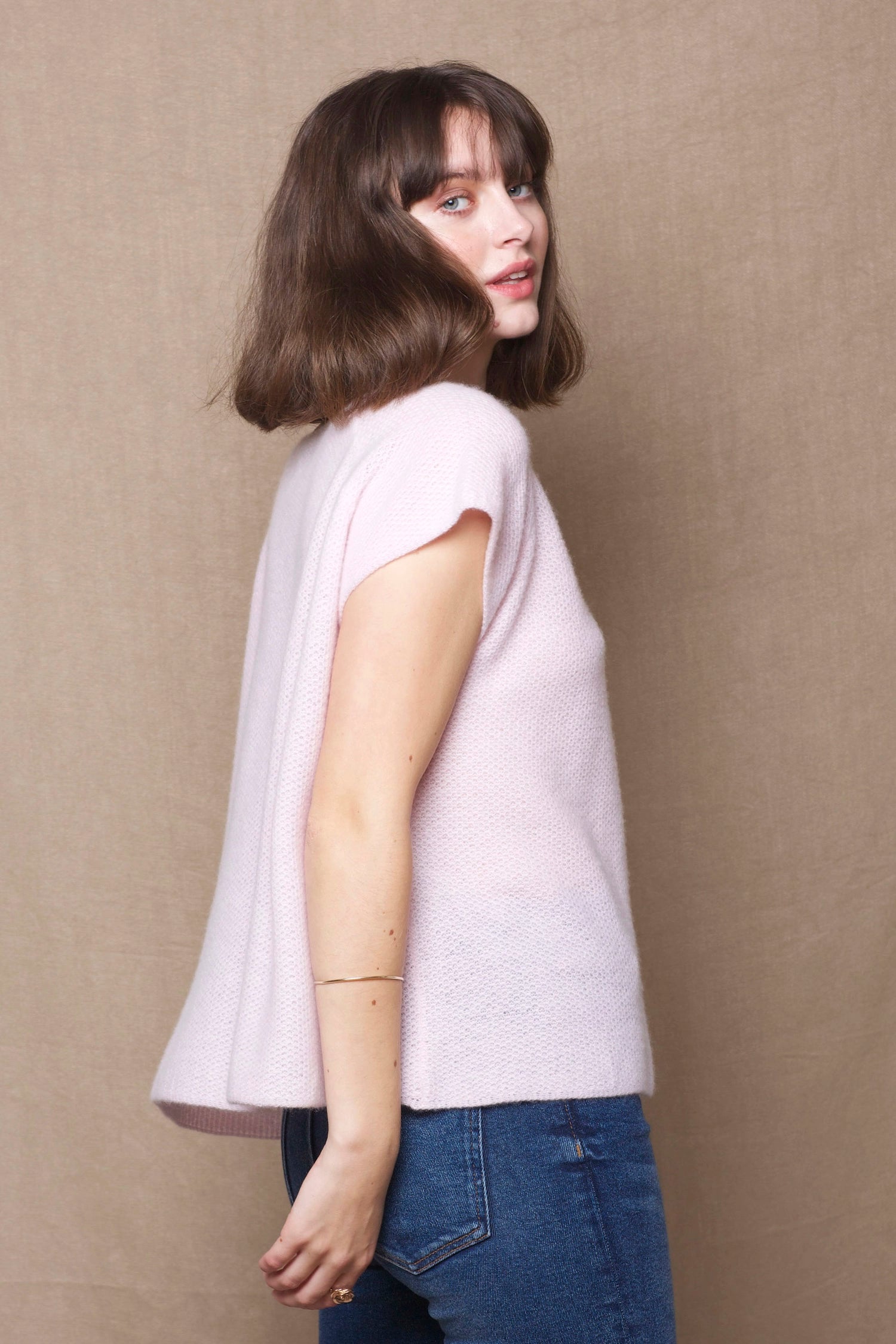 100% Cashmere Tee in Pale Pink