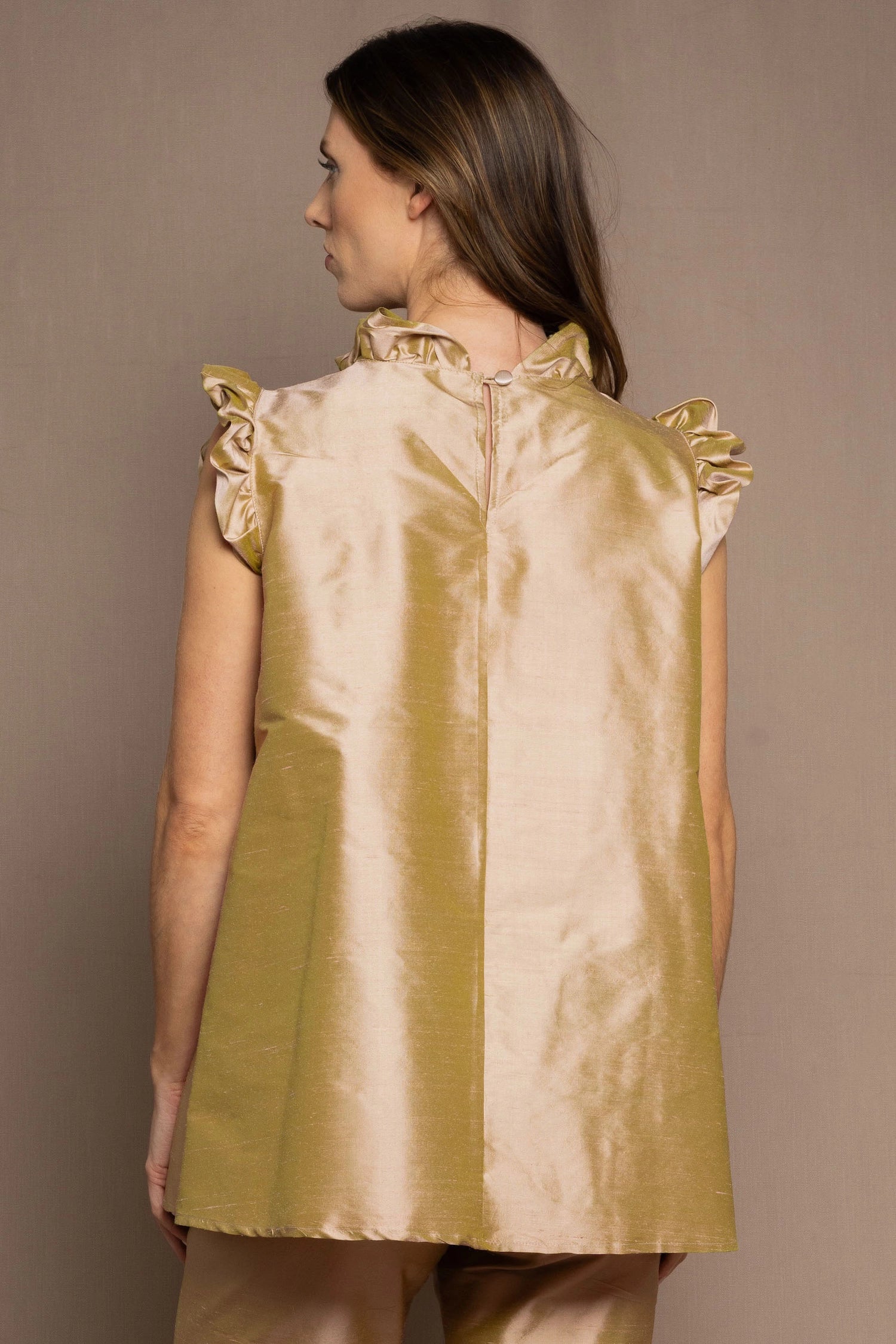 Silk Taffeta Ruffle Sleeveless Top in Gold