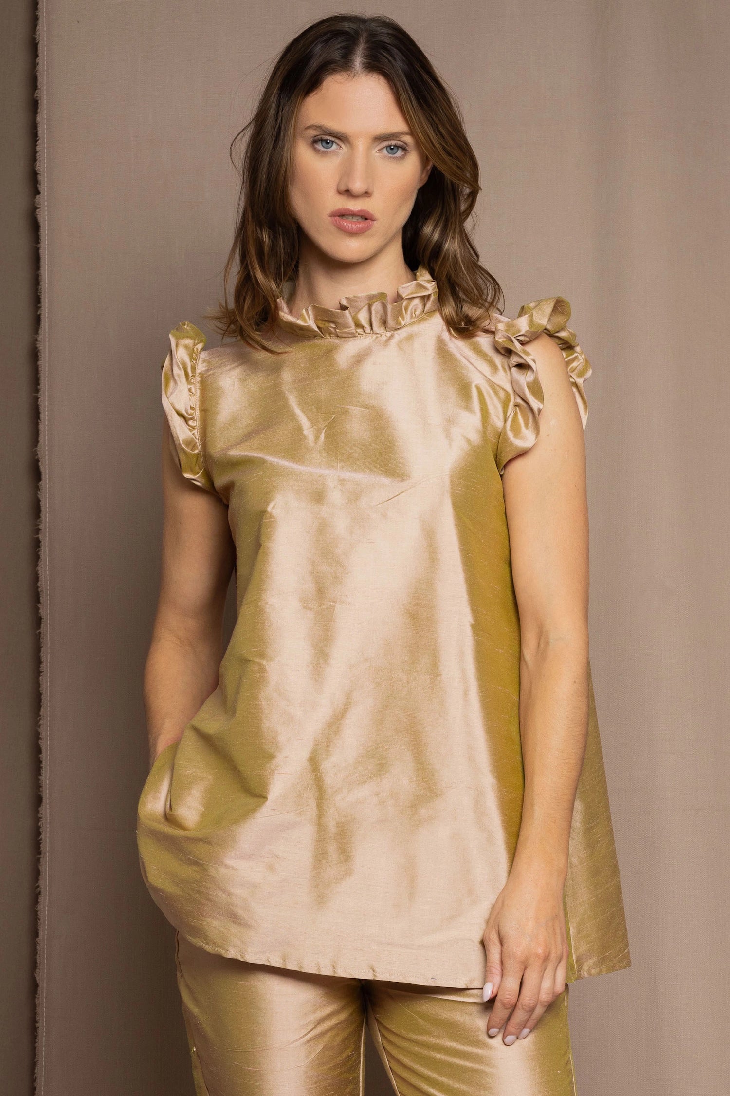 Silk Taffeta Ruffle Sleeveless Top in Gold